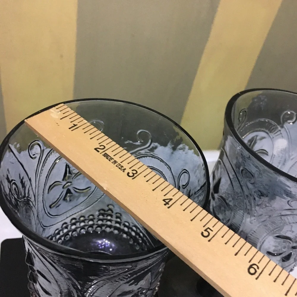 Vtg  Fleur De Lis Metal and Smokey Blue Iridescent Glass GothicCandle Holders